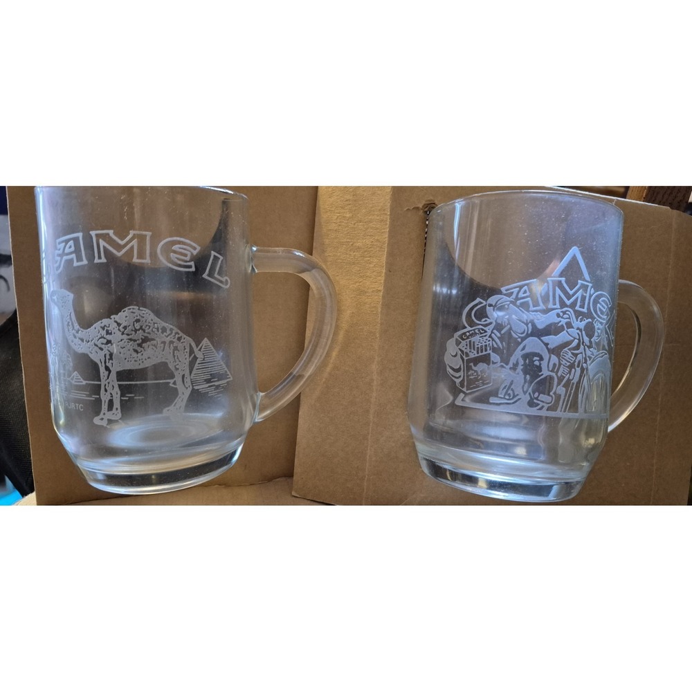 1991‎ Joe Camel Etched Glass Mugs  Motorcycle Desert NOS Pair